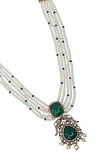 Gold Finish Green Kundan Polki & Semi-Precious Stone Necklace Set