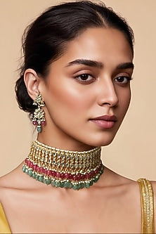 Gold Finish Multi-Colored Kundan Polki & Semi-Precious Stone Necklace Set