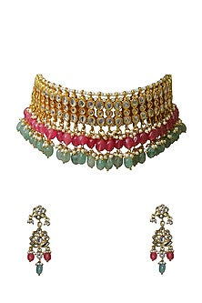 Gold Finish Multi-Colored Kundan Polki & Semi-Precious Stone Necklace Set