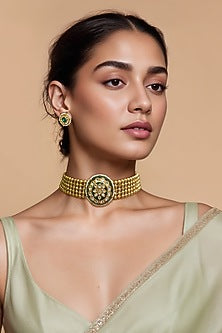 Gold Finish Green Kundan Polki & Semi-Precious Stone Choker Necklace Set
