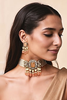 Gold Finish Pink Kundan Polki & Semi-Precious Stone Choker Necklace Set