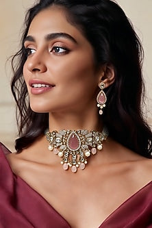 Gold Finish Pink Kundan Polki & Semi-Precious Stone Choker Necklace Set
