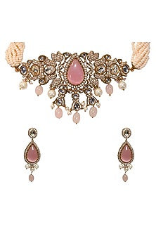 Gold Finish Pink Kundan Polki & Semi-Precious Stone Choker Necklace Set