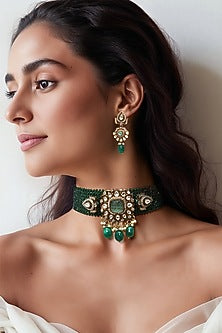 Gold Finish Green Kundan Polki & Semi-Precious Stone Choker Necklace Set