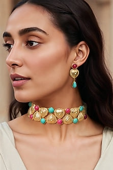 Gold Finish Kundan Polki & Multi-Colored Stone Choker Necklace Set