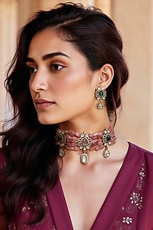 Gold Finish Kundan Polki & Semi-Precious Stone Choker Necklace Set