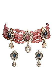Gold Finish Kundan Polki & Semi-Precious Stone Choker Necklace Set