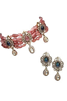 Gold Finish Kundan Polki & Semi-Precious Stone Choker Necklace Set
