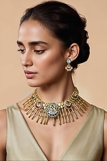 Gold Finish Kundan Polki & Semi-Precious Stone Choker Necklace Set