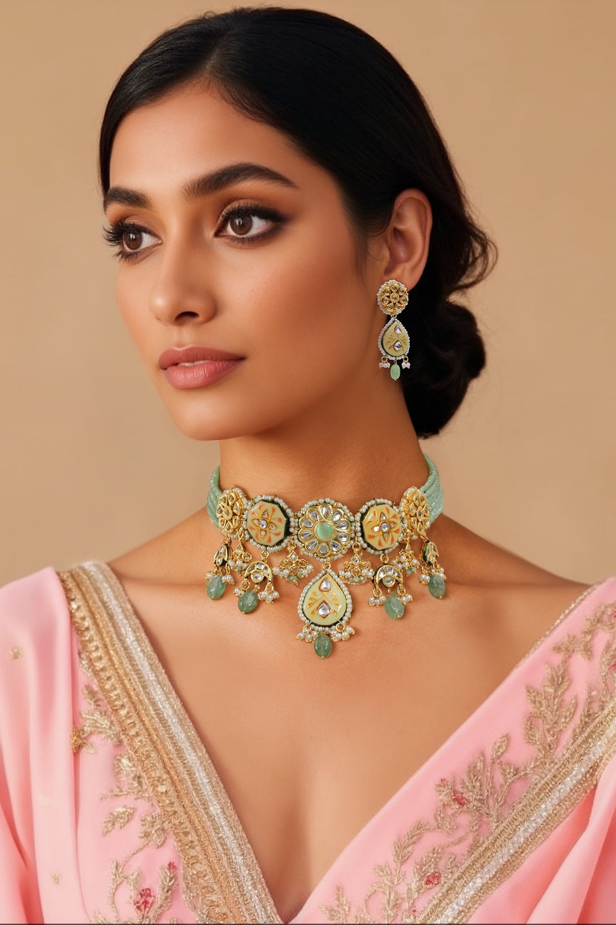 Gold Finish Kundan Polki & Semi-precious Stone Necklace Set