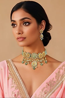 Gold Finish Kundan Polki & Semi-precious Stone Necklace Set