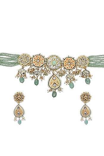 Gold Finish Kundan Polki & Semi-precious Stone Necklace Set