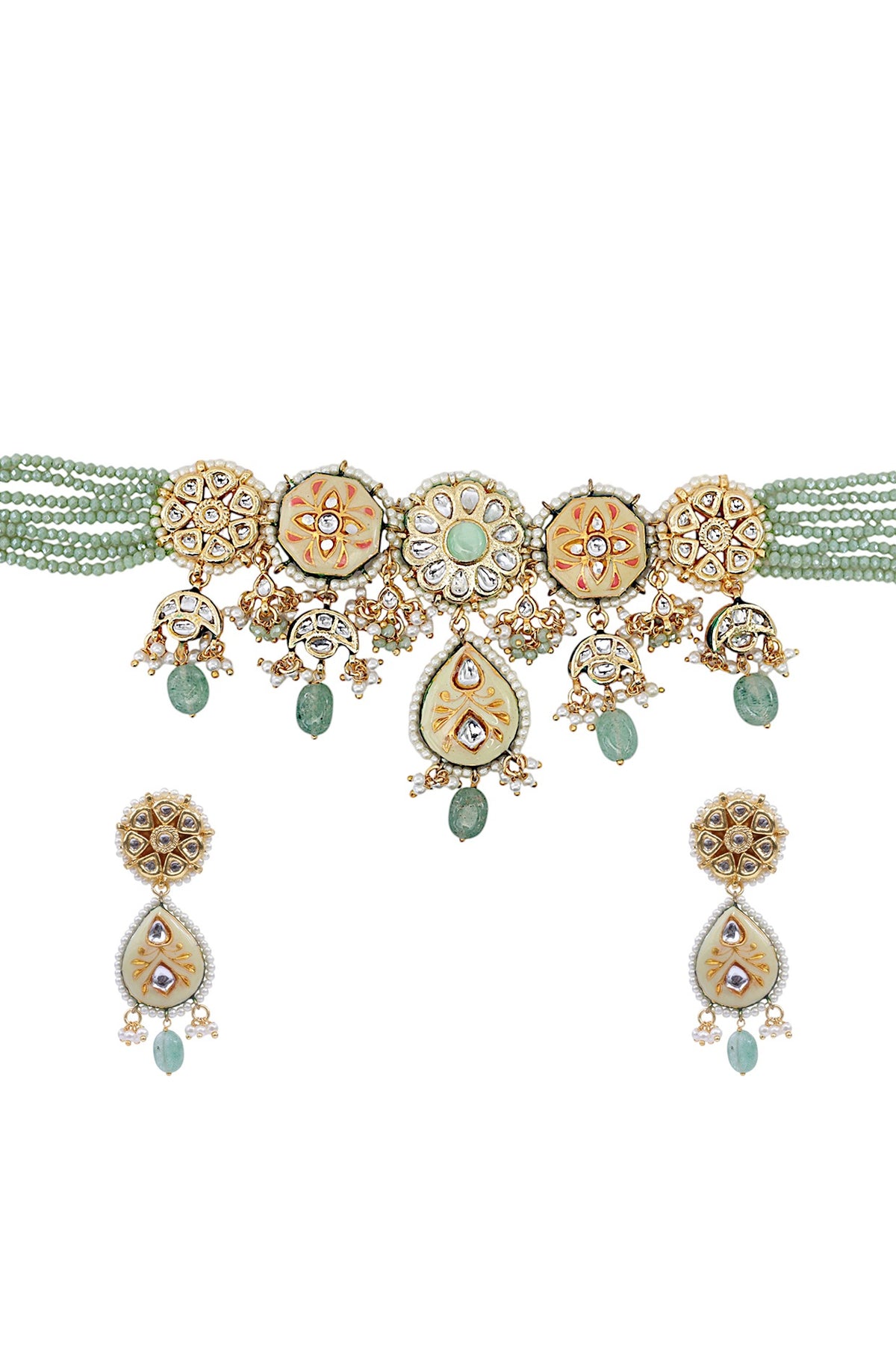 Gold Finish Kundan Polki & Semi-precious Stone Necklace Set