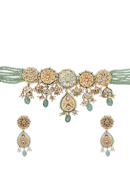 Gold Finish Kundan Polki & Semi-precious Stone Necklace Set