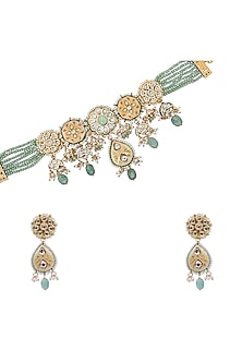 Gold Finish Kundan Polki & Semi-precious Stone Necklace Set