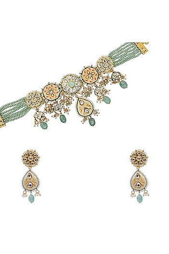 Gold Finish Kundan Polki & Semi-precious Stone Necklace Set