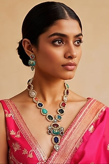 Gold Finish Multi-Colored Kundan Polki & Semi-Precious Stone Long Necklace Set