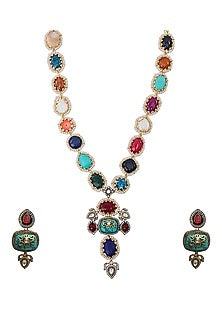 Gold Finish Multi-Colored Kundan Polki & Semi-Precious Stone Long Necklace Set