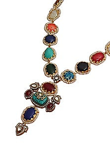 Gold Finish Multi-Colored Kundan Polki & Semi-Precious Stone Long Necklace Set