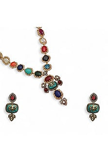 Gold Finish Multi-Colored Kundan Polki & Semi-Precious Stone Long Necklace Set