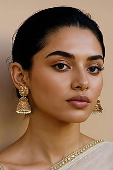 Gold Finish Faux Pearl Temple Jhumka Earrings