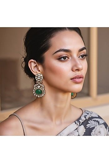 Gold Finish Green Imitation Kundan Polki Dangler Earrings
