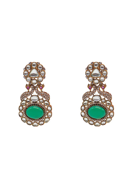 Gold Finish Green Imitation Kundan Polki Dangler Earrings