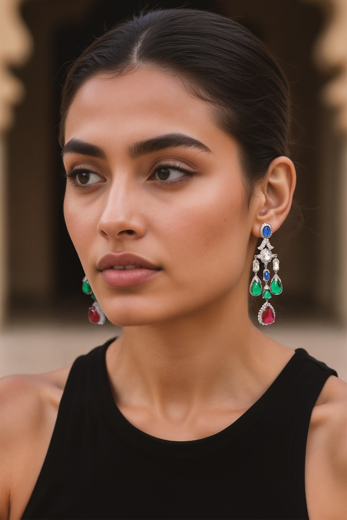 White Finish Green CZ Stone Dangler Earrings
