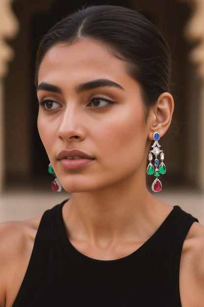 White Finish Green CZ Stone Dangler Earrings