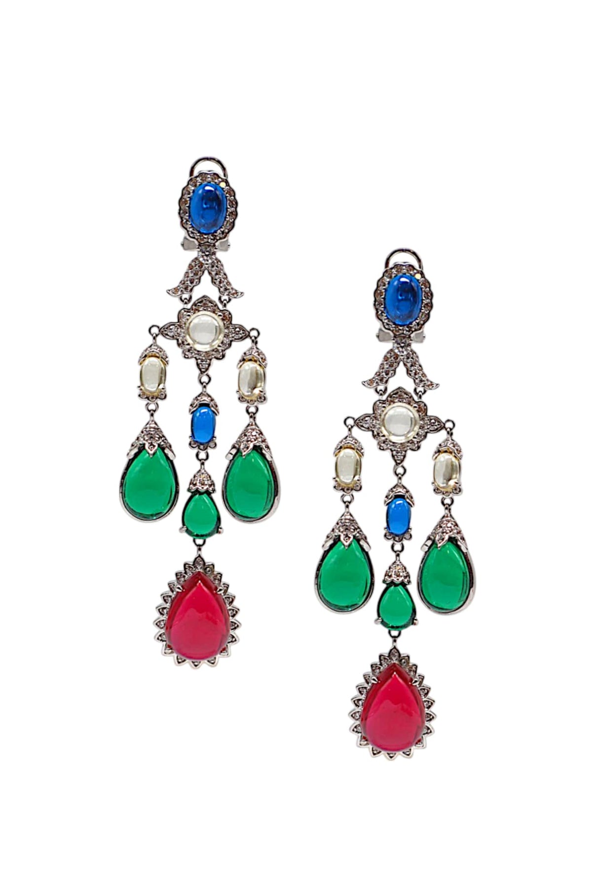White Finish Green CZ Stone Dangler Earrings