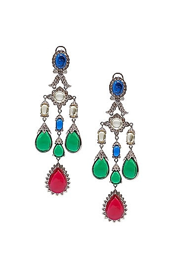 White Finish Green CZ Stone Dangler Earrings