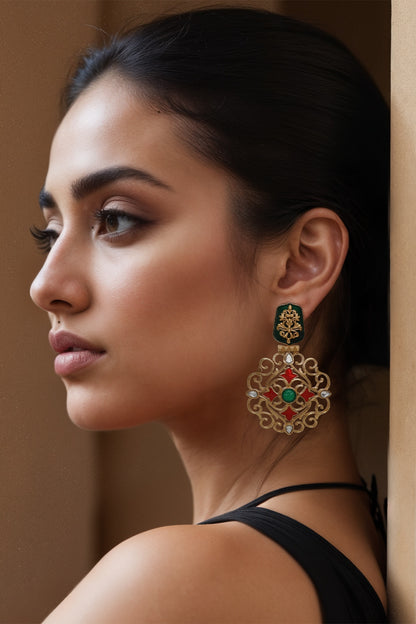 Gold Finish Enameled Dangler Earrings