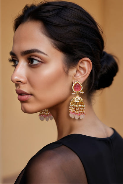Gold Finish Pink Imitation Kundan Polki Jhumka Earrings