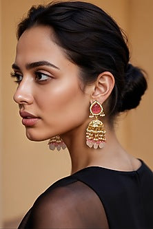 Gold Finish Pink Imitation Kundan Polki Jhumka Earrings