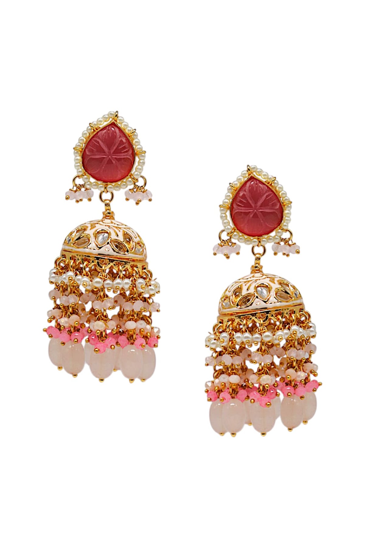 Gold Finish Pink Imitation Kundan Polki Jhumka Earrings