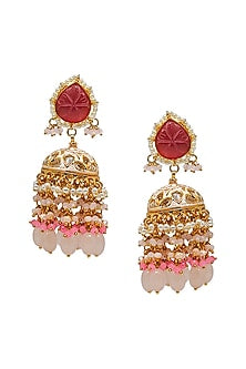 Gold Finish Pink Imitation Kundan Polki Jhumka Earrings