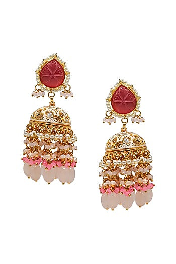 Gold Finish Pink Imitation Kundan Polki Jhumka Earrings