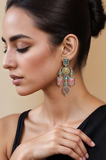Two Tone Finish Semi-Precious Stone Dangler Earrings