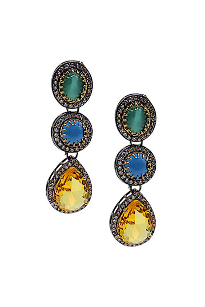 Two Tone Finish Multi-Colored Semi-Precious Stone Dangler Earrings