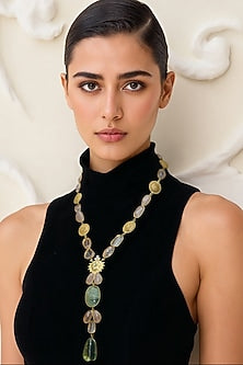 Gold Finish Multi-Colored Semi-Precious Stone Long Necklace