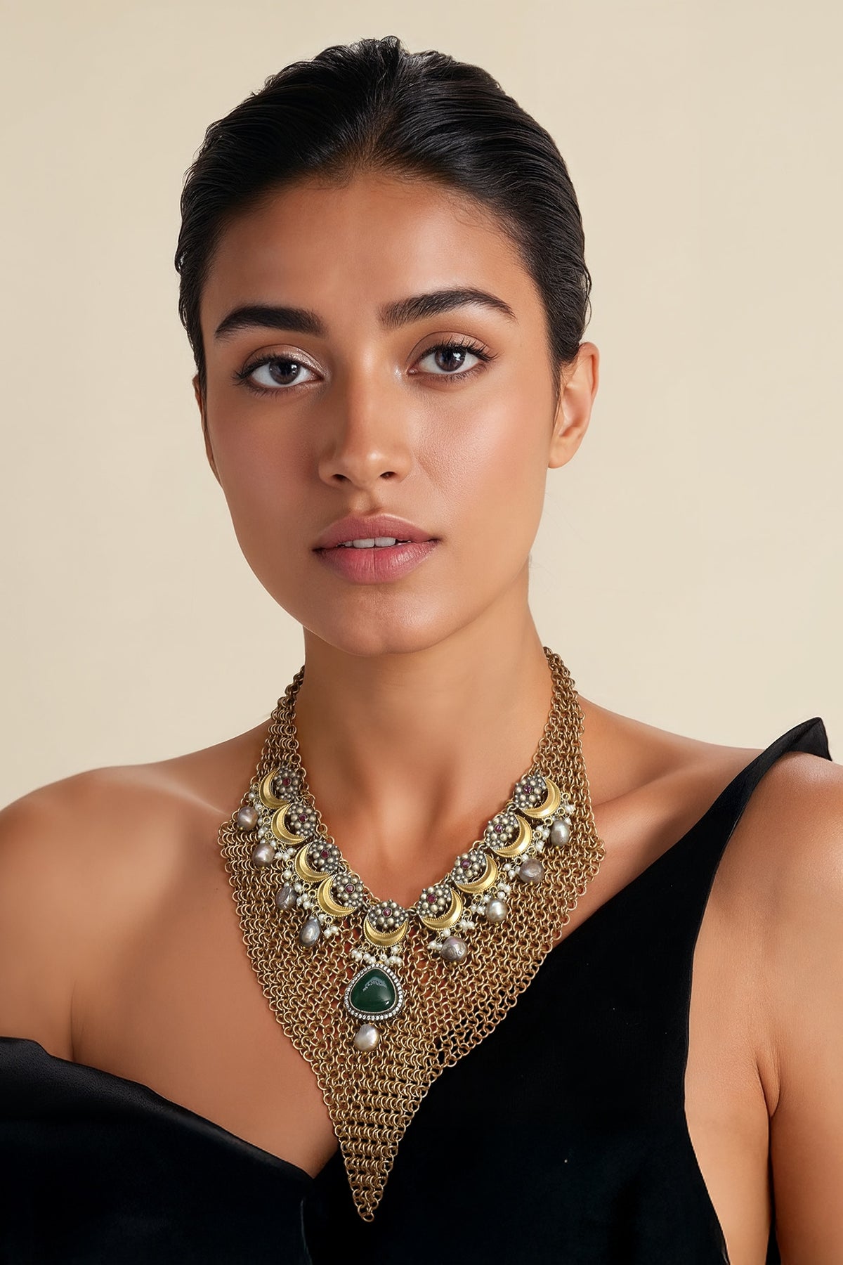Gold Finish Imitation Kundan Polki & Green Jade Stone Necklace