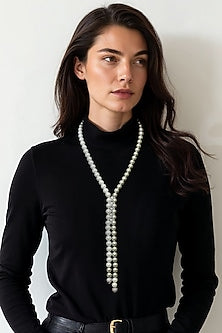 White Finish CZ Stone & Shell Pearl Long Necklace