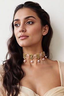 Gold Finish Pink Imitation Kundan Polki Choker Necklace