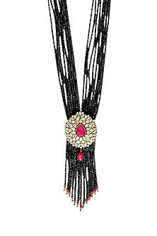 Two Tone Finish Black Crystal Bead & CZ Stone Long Necklace