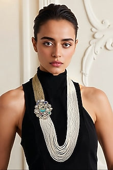 Gold Finish Multi-Colored Semi-Precious Stone & Kundan Polki Long Necklace