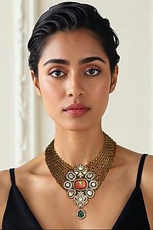 Gold Finish Multi-Colored Semi-Precious Stone & Kundan Polki Necklace