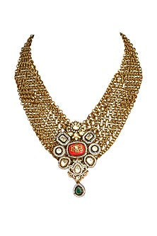 Gold Finish Multi-Colored Semi-Precious Stone & Kundan Polki Necklace