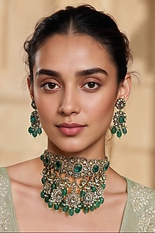 Gold Finish Green Semi-Precious Stone & Kundan Polki Necklace Set