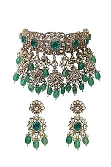 Gold Finish Green Semi-Precious Stone & Kundan Polki Necklace Set