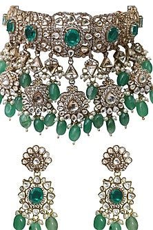 Gold Finish Green Semi-Precious Stone & Kundan Polki Necklace Set